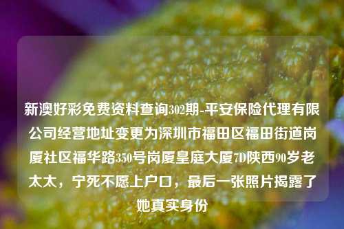 新澳好彩免费资料查询302期-平安保险代理有限公司经营地址变更为深圳市福田区福田街道岗厦社区福华路350号岗厦皇庭大厦7D陕西90岁老太太，宁死不愿上户口，最后一张照片揭露了她真实身份-第1张图片-陕西军卫安保服务公司